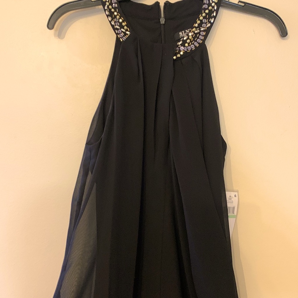 SLNY short black cocktail dress with beaded neckline.